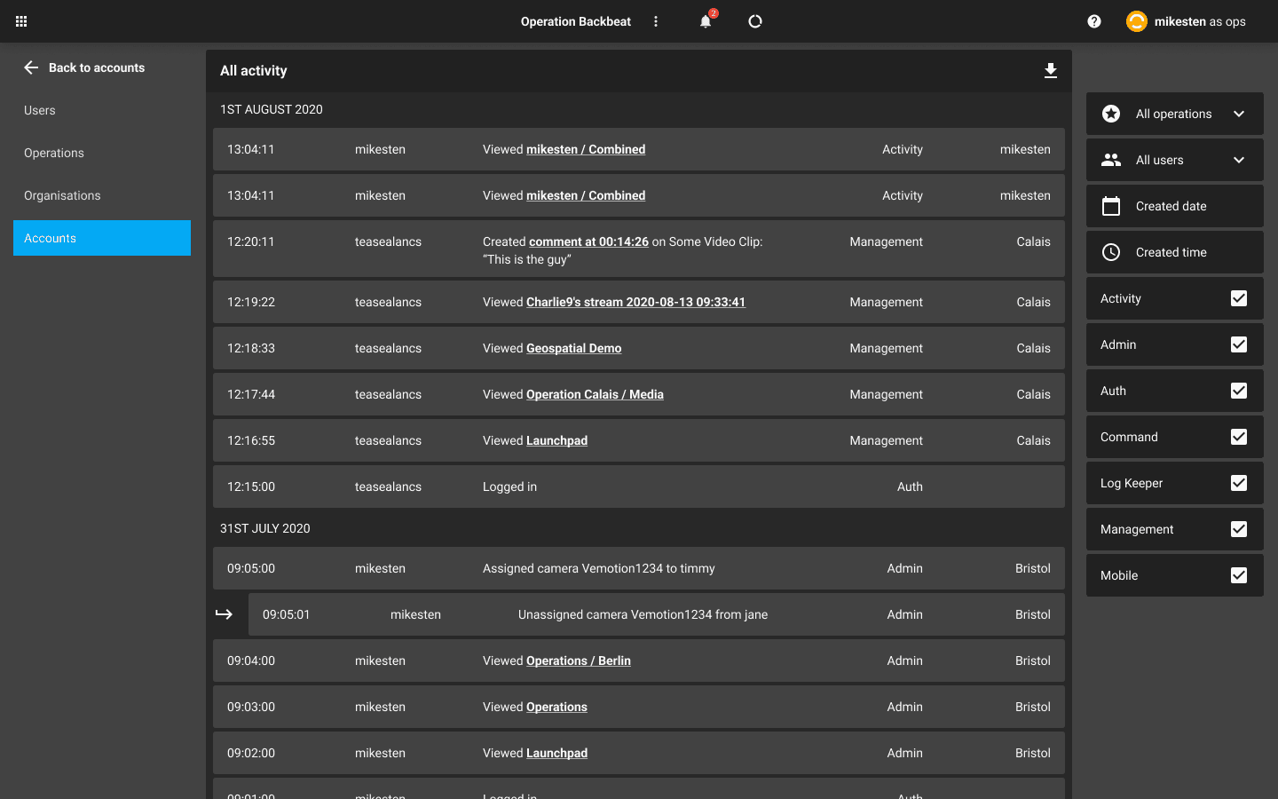 Excession Command audit screen